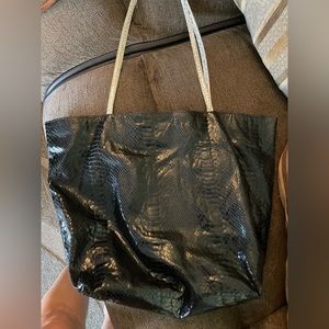 Carlos Falchi black snakeskin pattern, shiny black patent look floral interior